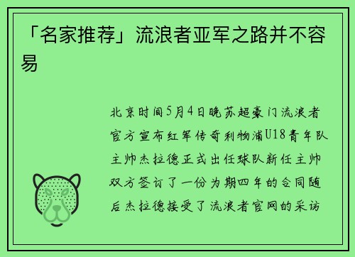 「名家推荐」流浪者亚军之路并不容易